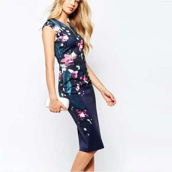 Ted Baker 'Antonya' Fuchsia Floral Midi Dress Size 3 US 8 - Picture 1 of 10
